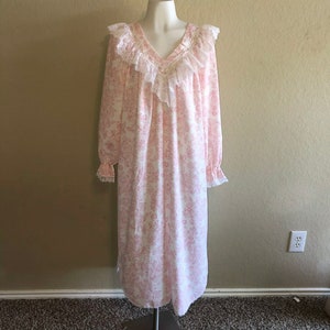 Vintage Miss Elaine Pink Roses White Lace Ruffle Sleeves Midi Maxi Night Gown L