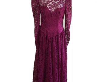 Vintage 80's Burgundy Lace Overlay Low Cut Out Back Full Skirt Party Dress