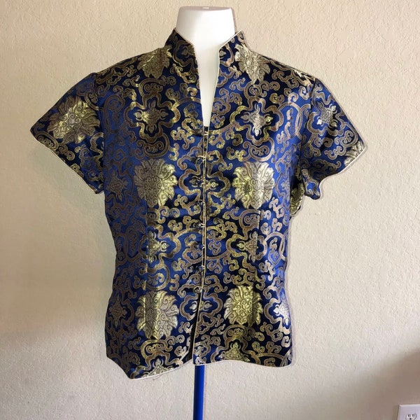 vintage Qiong Yu Silk Chinois Noeuds Bleu Or Kimono Inspiré Top Shirt