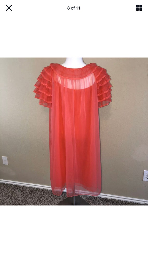 Women Vintage 60s 70s Coral Nylon Night Gown Tier… - image 8