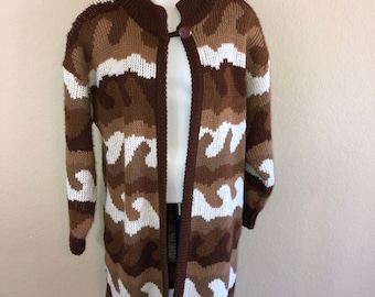 Vintage Monto Por Le Chois Brown Tan White Camouflage Chunky Heavy Cardigan M