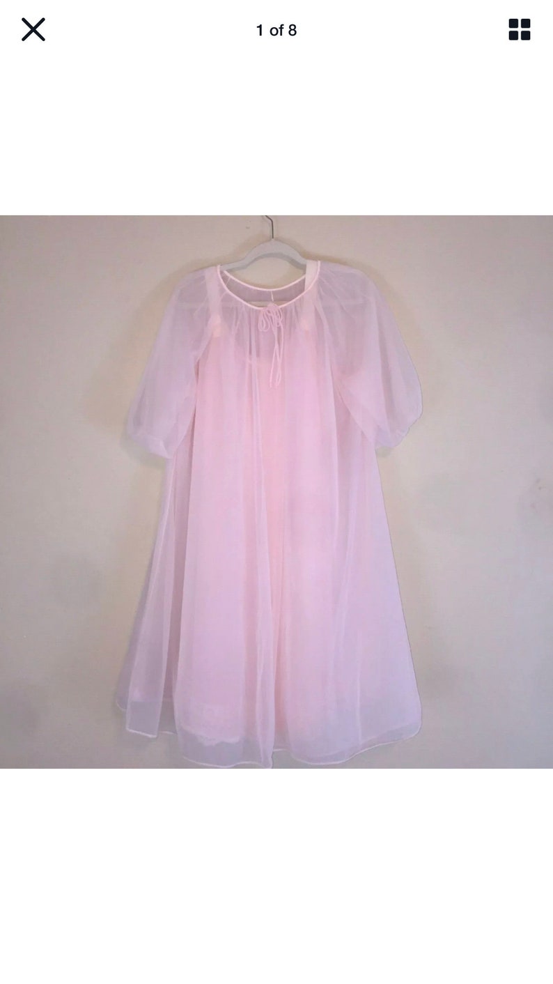 Vintage 70's Shadowline Pink Nylon Gown and Robe Set Puffy Sleeves Lace Trim M image 1