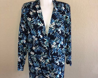 Vintage 90s Casual Corner Linen Blend Floral Tropical Long Line Hip Blazer 8