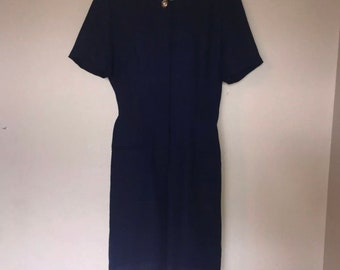 NEW NWT Vintage 80s 90s Navy Blue Button Up Pencil Dress Short Sleeve Career 10