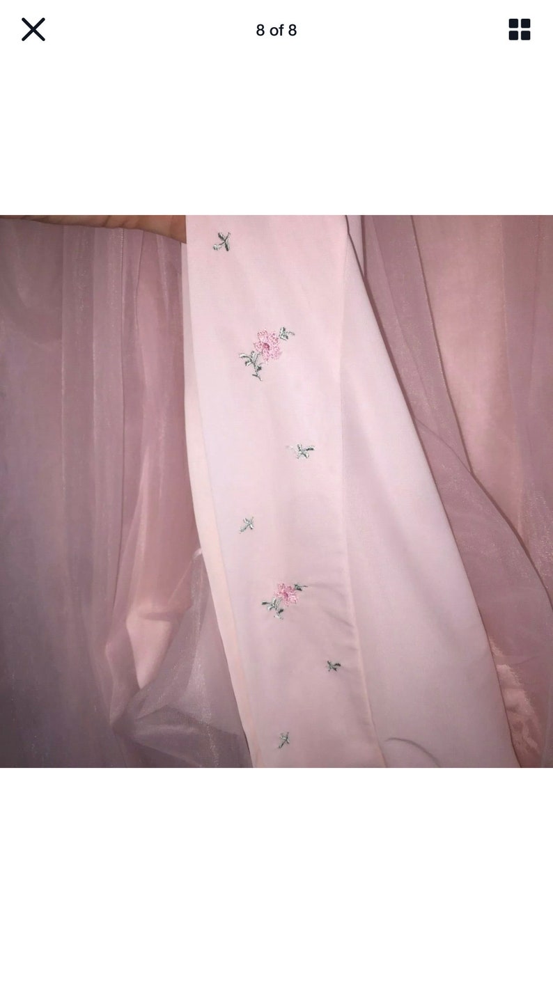 Vintage 70's Shadowline Pink Nylon Gown and Robe Set Puffy Sleeves Lace Trim M image 7