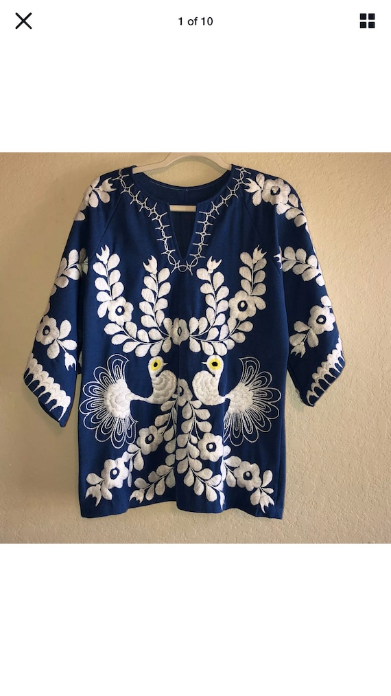 Womens Vintage 70's Handmade Blue White Embroidere