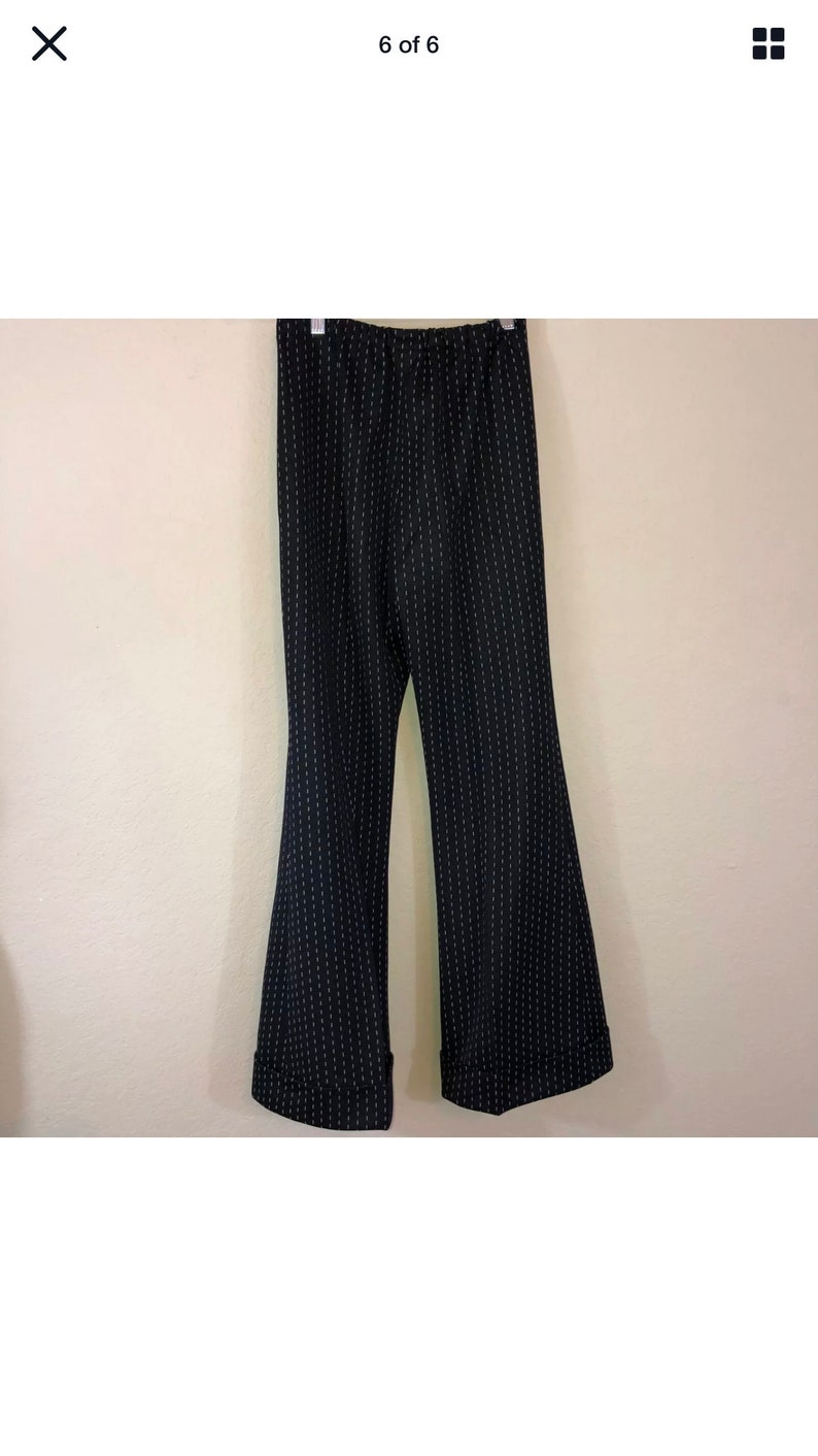 Womens Vintage 60's 70's High Elastic Waist Cuffed Black Bell Bottom Flare Pants image 6