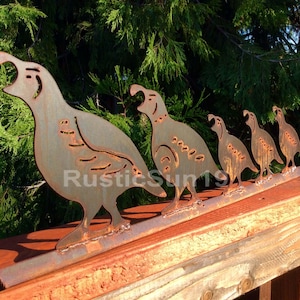 Rusted Quail on a rail for your deck railing or window sill they sit in the garden too. MADE in Pioneer, Ca USA
