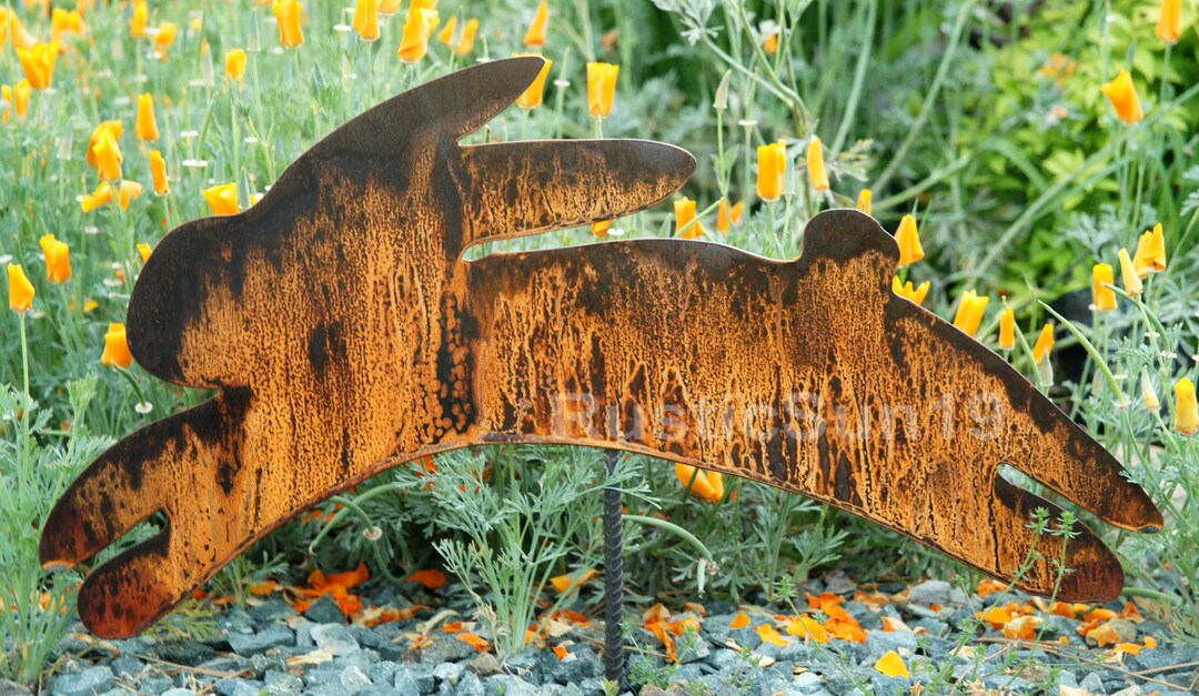 Rusted Leaping Metal Rabbit Garden Art With 12
