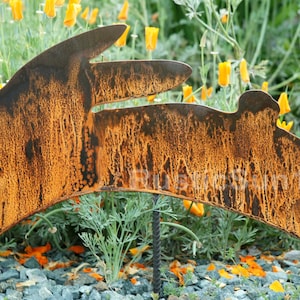 Rusted Leaping Metal Rabbit Garden Art with 12&quot; stake. MADE in Pioneer, Ca USA