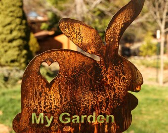 Personalized Bunny Rabbit 13.5" x 12.5" made of 14ga steel with 24" stake made in Pioneer, Ca USA