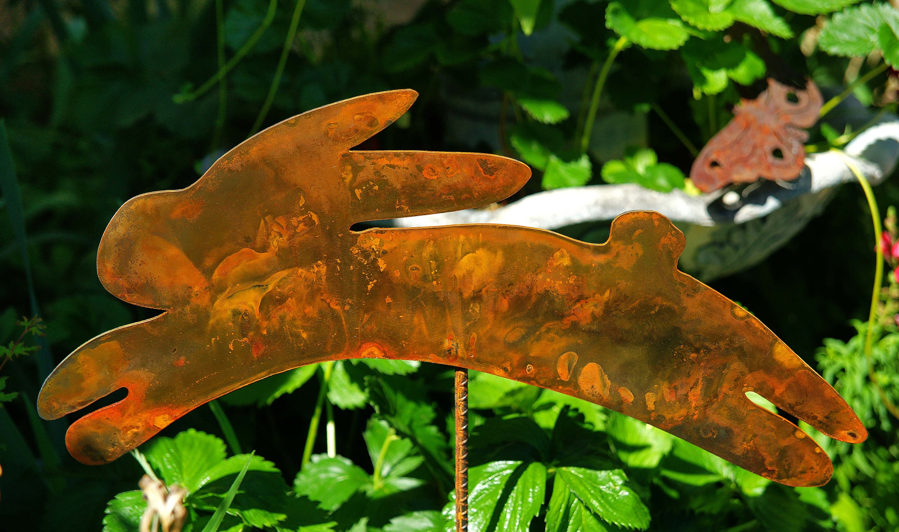 Rusted Leaping Metal Rabbit Garden Art With 12
