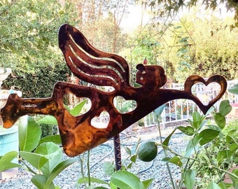 New Lg. Flying Heart Angel 151/2" x 9" made with 14ga steel with 24" rebar rod MADE in Pioneer, Ca USA