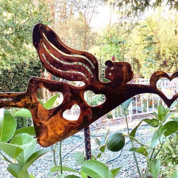 New Lg. Flying Heart Angel 151/2" x 9" made with 14ga steel with 24" rebar rod MADE in Pioneer, Ca USA