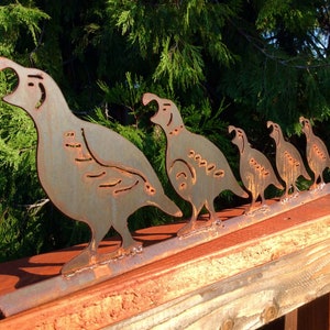 READY to ship Rusted Quail on a rail for your deck railing or window sill they sit in the garden too. MADE in Pioneer, Ca USA