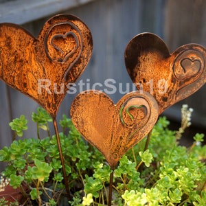 Rusted Metal Heart Garden Stakes - Set of Three