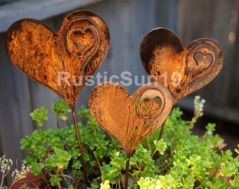 Rusted Metal Heart Garden Stakes - Set of Three