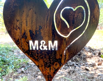 Personalized Rusted Metal Heart Garden Stake - Handmade in USA