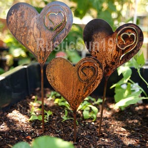Rusted Metal Heart Garden Stakes - Set of Three
