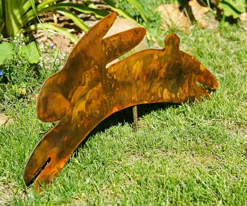 Rusted Leaping Metal Rabbit Garden Art With 12