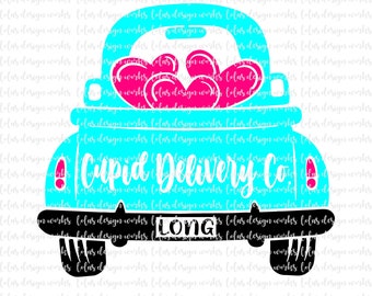キューピッド配達バレンタイントラック svg、eps、dxf、png、jpg、クリップアート、昇華、シルエットカメオ、クリカットデザインスペース、ブラザースキャンカット
