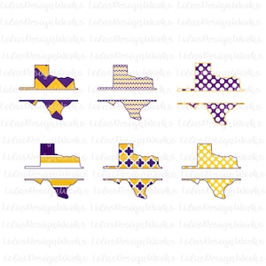 Six Pc Set Purple & Gold Split Texas without Fonts ,png, jpg, clipart, Sublimation, Silhouette Cameo, Cricut Design Space, Brother Scan Cut