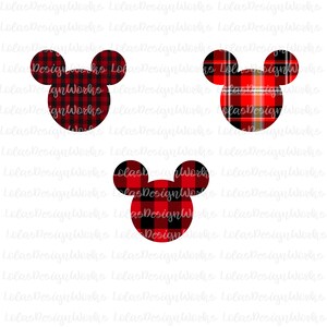 May include: Three red and black plaid Mickey Mouse head silhouettes. The plaid pattern is a traditional buffalo check.