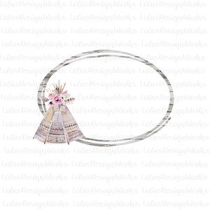 May include: A white wooden oval frame with a gray and white woodgrain pattern. The frame is decorated with a watercolor illustration of a teepee with pink and white flowers and feathers.