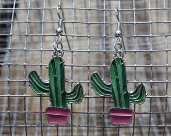 Western Style Cactus Earrings - Succulent Earrings - Rustic Earrings - Boho Chic Earrings - Green Dangle Earrings - Plant Earrings - Potted