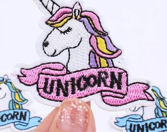 Unicorn Iron On Patch: Embroidered Pink and Blue Unicorn Appliqué