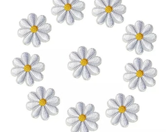 White Daisy Iron On Patch: Embroidered White Flower Applique