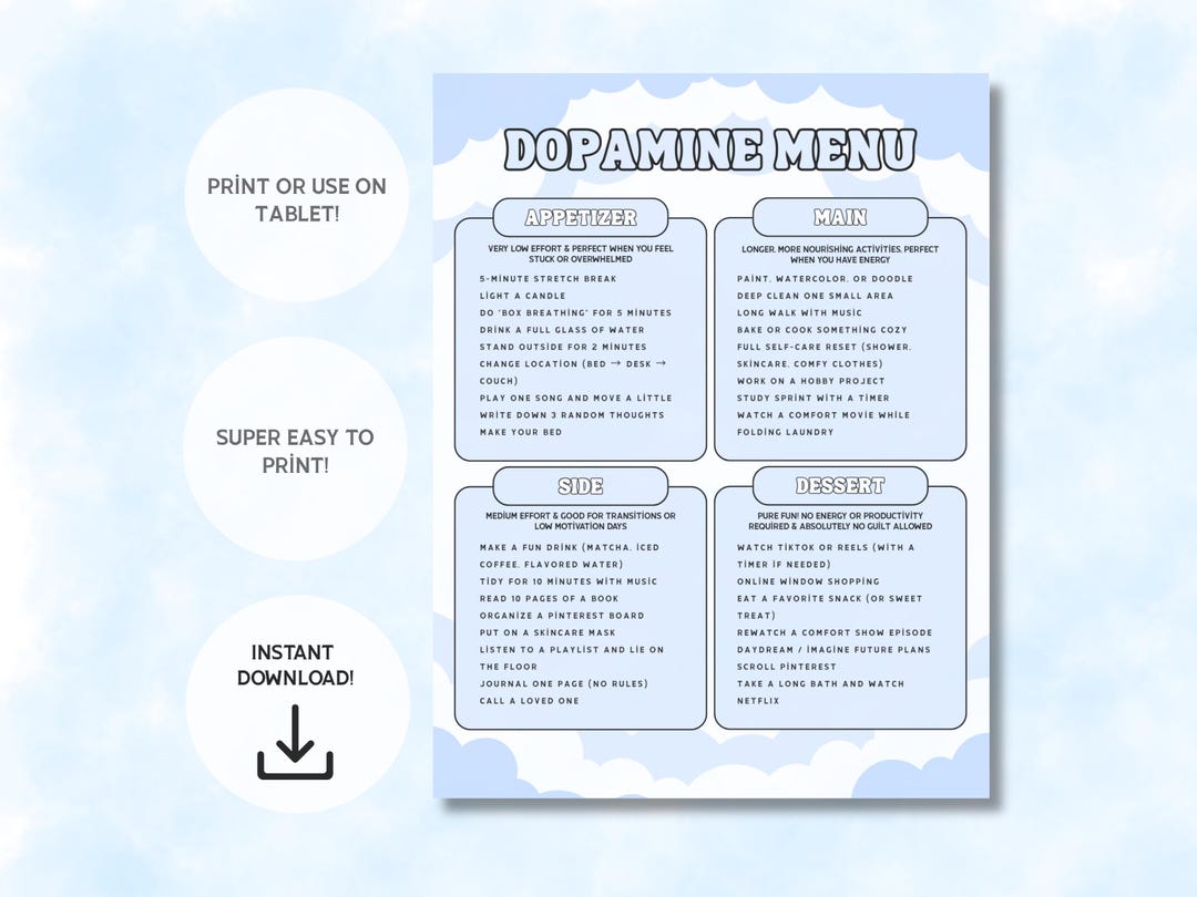 Dopamine Menu Printable • Mental Health Self Care Menu • Motivation ...