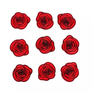 May include: Nine red rose patches with black outlines are arranged on a white background. Each patch features a detailed embroidered rose design, perfect for adding a floral touch to clothing or accessories. The patches are ideal for DIY projects.