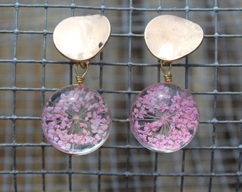 Hand Picked Pink Flowers in Resin Unique Dangle Earrings - Pink Flower Jewelry - Pink Flower Earrings - Resin Earrings- Gold and Pink Dangle