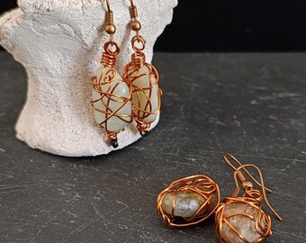 Elven Natural Stone Earrings – Copper Wire Wrapped Earthy Dangles