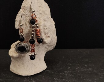 Victorian Gothic Mismatched Earrings | Handmade Floral Copper Black Silver Dangles | Romantic Witchy Alternative Jewelry | ooak Goth Romance