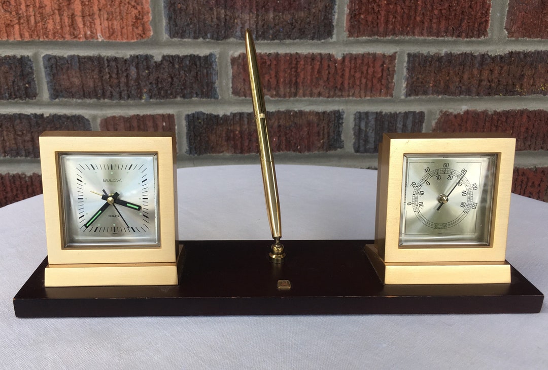 Vintage Bulova Desk Set Including Clock Thermometer and Pen Etsy