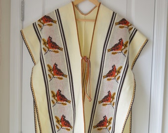 Vintage 70s Western Knit Poncho Shawl with Robin Bird Detailing | Handmade