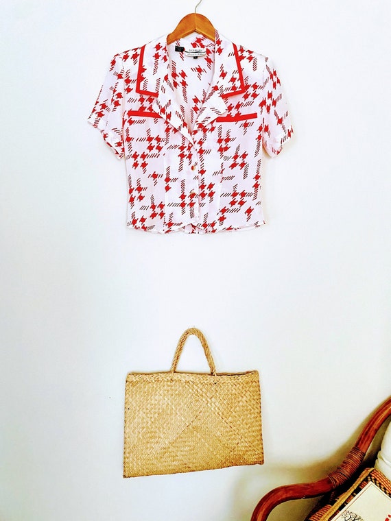 80s Red Houndstooth Blouse and Skirt Set | Peters