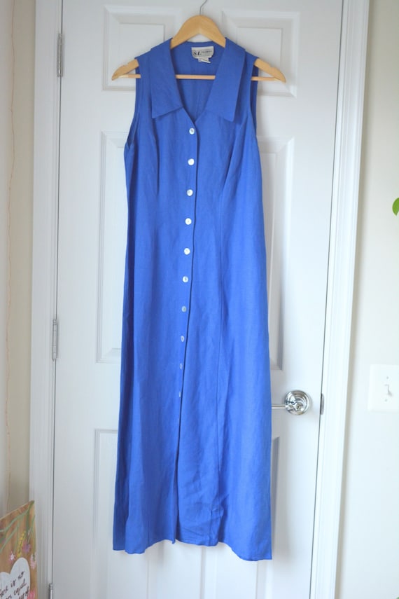 Royal Blue 90s Collared Button Down Maxi Dress | S