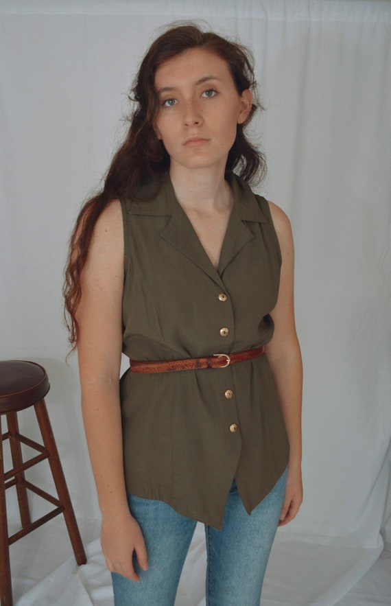 Vintage Green Button Down Military Top | Francine… - image 2