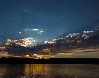 Sunset, Clouds, Water, Lake, Landscape, Rays of light, Bay, Shadows, Dawn,   DSLR,,Wall Art