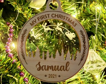 Personalised My First Christmas Santa Christmas Tree Bauble Decoration Ornament ~ Wooden & Acrylic Xmas Gift