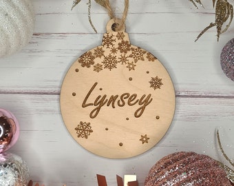 Personalised Name Christmas Tree Bauble Decoration Ornament ~ Wooden Xmas Gift