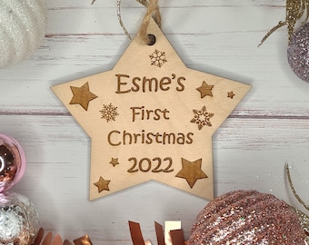 Personalised 2023 Baby's First Christmas Christmas Tree Bauble Decoration Ornament ~ Wooden Xmas Gift