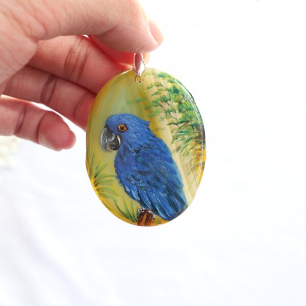 Hand-painted art pendant agate painted parrot pendant blue parrot painted art