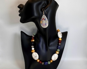 Conjunto de colar em prata de lei: pérola, âmbar, lápis-lazúli, jade, feito à mão, #presente