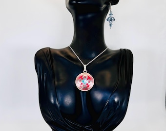 Conjunto de colar e brincos em prata de lei: pingente de lótus, pingente duplo Dorje, símbolo OM, turquesa e coral. Feito à mão. #presente, Dia das Mães, #budismo, #para todos