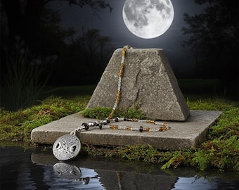 Colar Deusa Prateada 1920: Pentáculo, Pentagrama, Hematita, Obsidiana Floco de Neve, #presente, #bruxaria, #carroça, #pagão