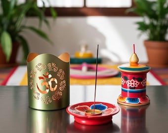 Kit de presente budista para o Dia das Mães: incenso tibetano, roda de oração, castiçal OM #presente, #budismo, #diadasmães